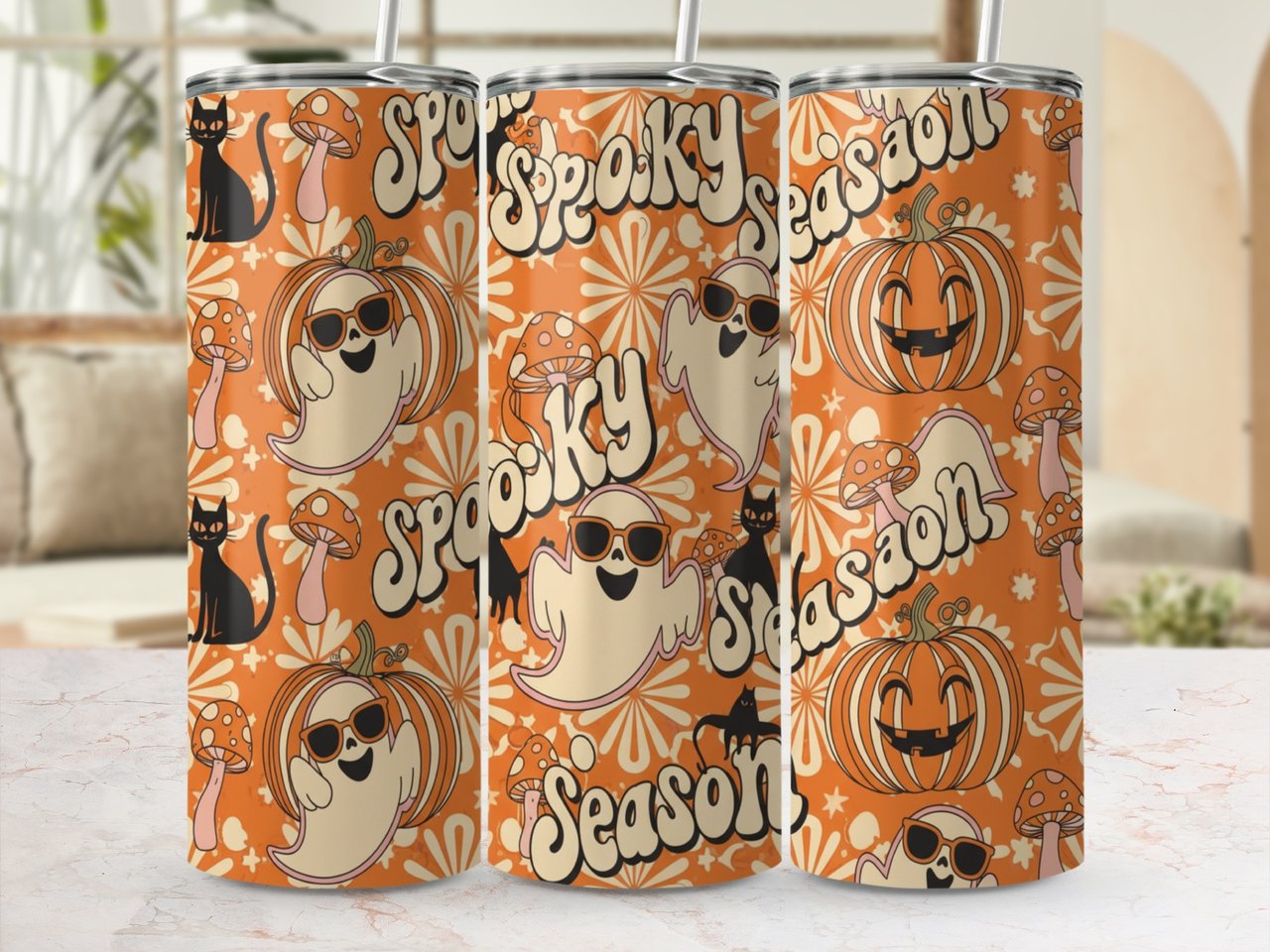 Spooky Season Tumbler Wrap Digital, Retro Halloween Ghost Pumpkin Seamless 20oz Skinny Straight Tumbler Wrap PNG Sublimation Design