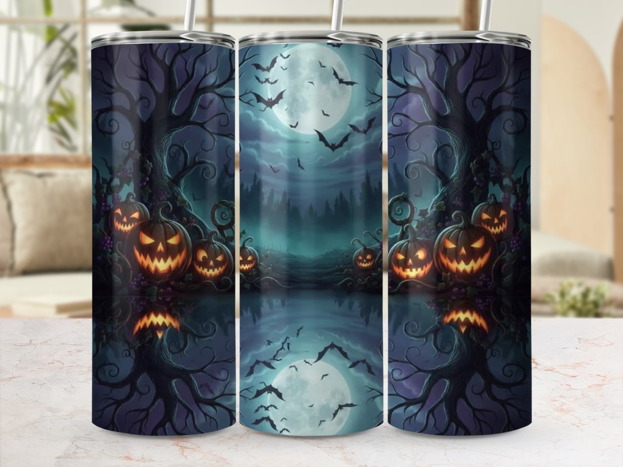 Full Wrap Spooky Halloween Tumbler Design, Jack-O-Lanterns Full Moon Bats Digital PNG for 20oz Skinny Tumbler Sublimation, Seamless spooky
