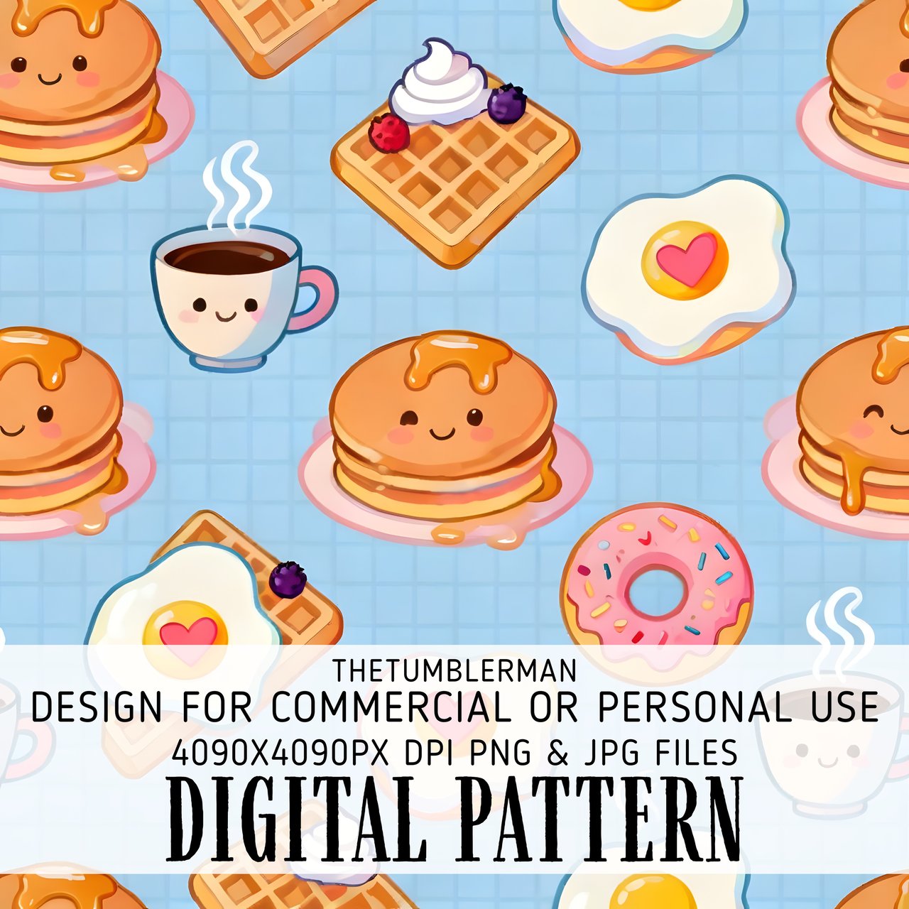 Digital Bundle Pattern, Cute Breakfast Digital Paper, Kawaii Pancakes, Waffles, Eggs, Donut, Coffee Pattern, Foodie Digital, Commercial Use