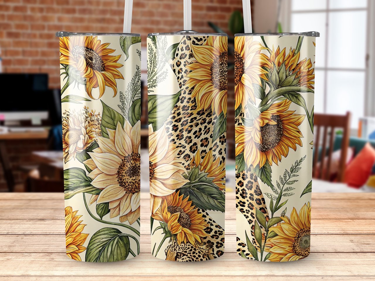 Sunflower Leopard 20oz Tumbler Wrap PNG, Floral Print Tumbler Design, Digital Download Tumbler, Sublimation Template, Tumbler Designs