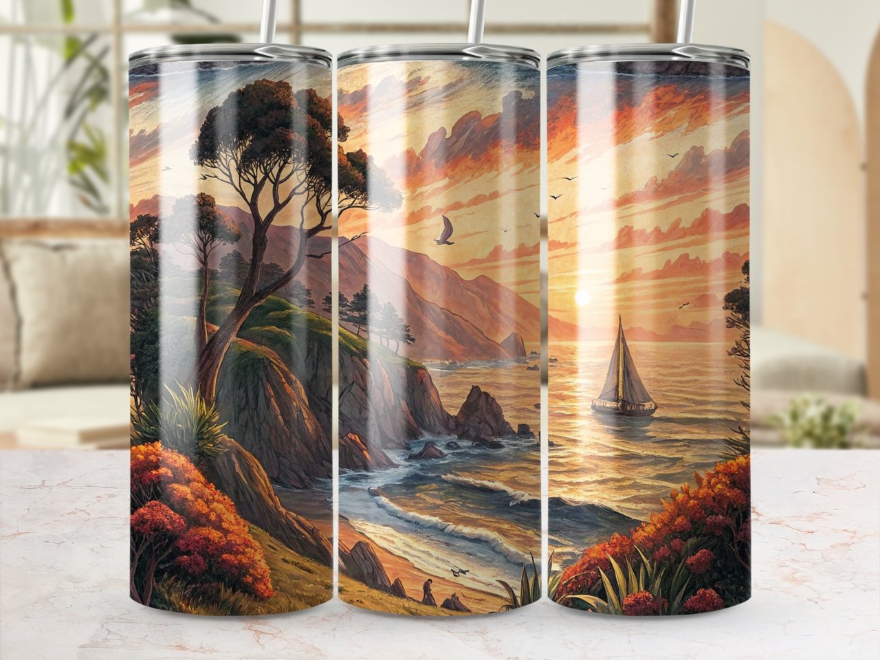 Coastal Sunset T Shirt, Seamless Tumbler Wrap Design, Ocean Sailboat, Digital Download, Printable Artwork, Beach View, Scenic Art