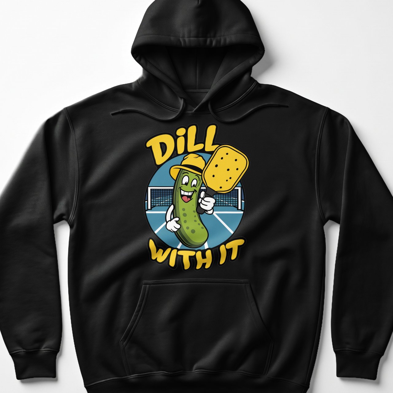 Pickleball Gildan Fleece Hoodie, Dill With It Funny Pickleball Character, Cozy Winter Court Pullover