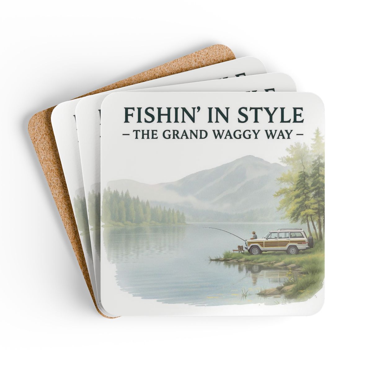 Grand Wagoneer Corkwood Coaster Set, The Waggy Car Coasters, Fisherman Gift, Lake Scenery Art, Car Lover Gift, Housewarming Gift