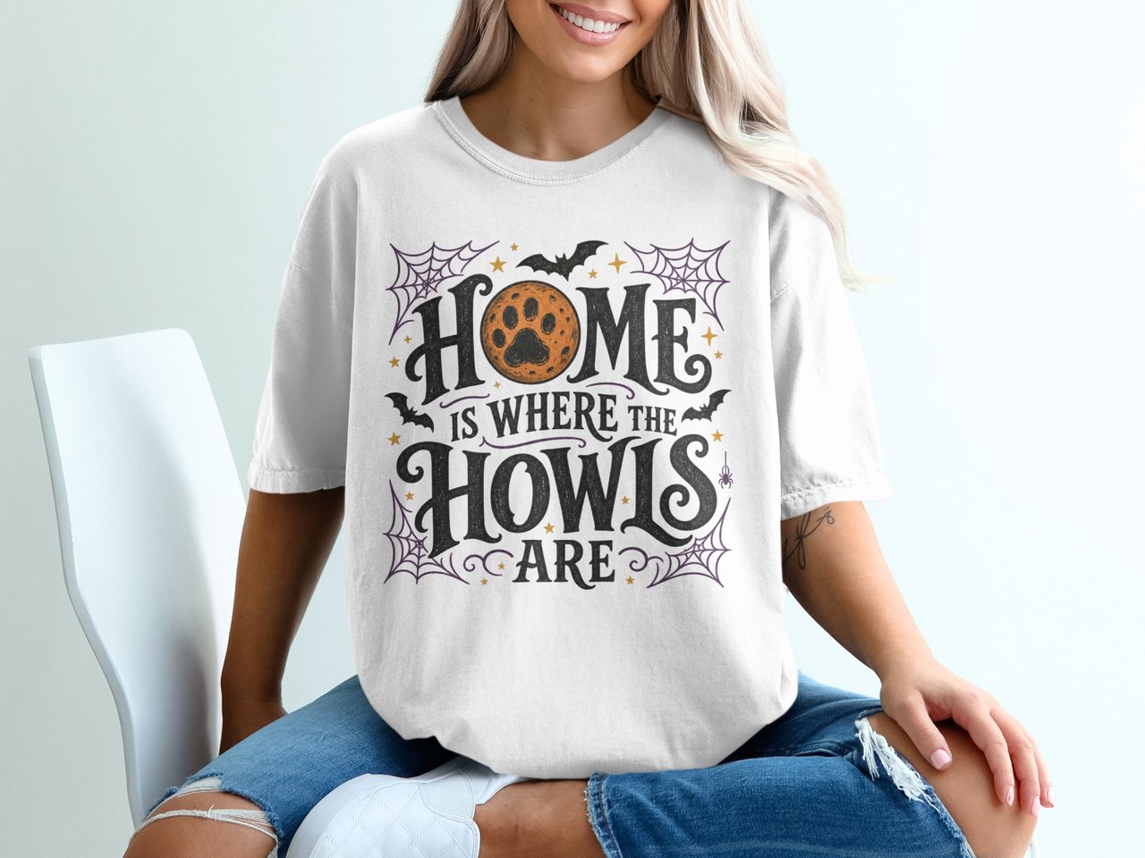 Halloween Dog T-Shirt, Home Is Where The Howls Are Tee, Spooky Pet Lover Shirt, Funny Dog Mom Gift, Fall Autumn Bat Spiderweb Graphic Top