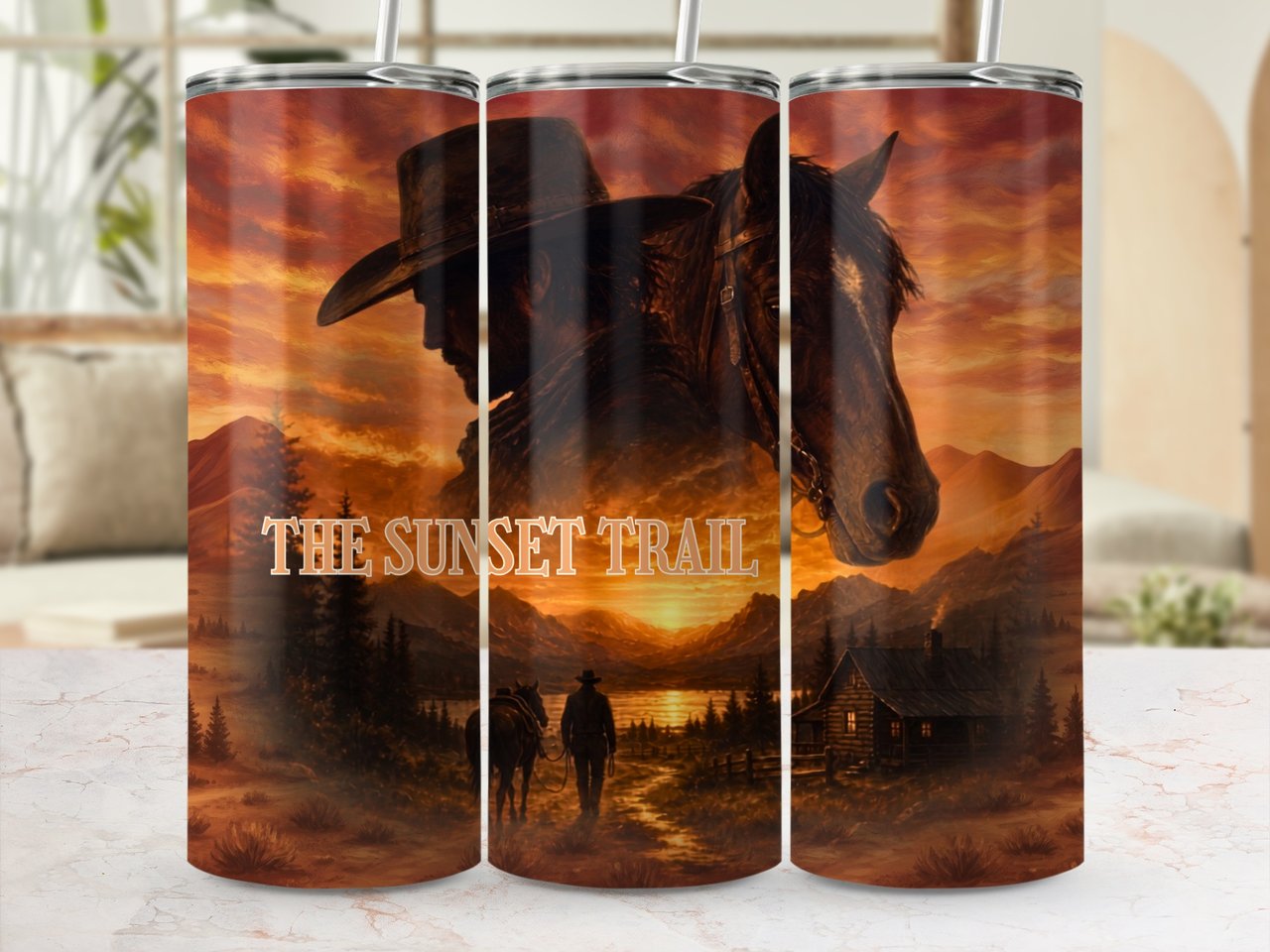 The Sunset Trail Cowboy Tumbler Wrap PNG | Western Horse Sublimation Design 