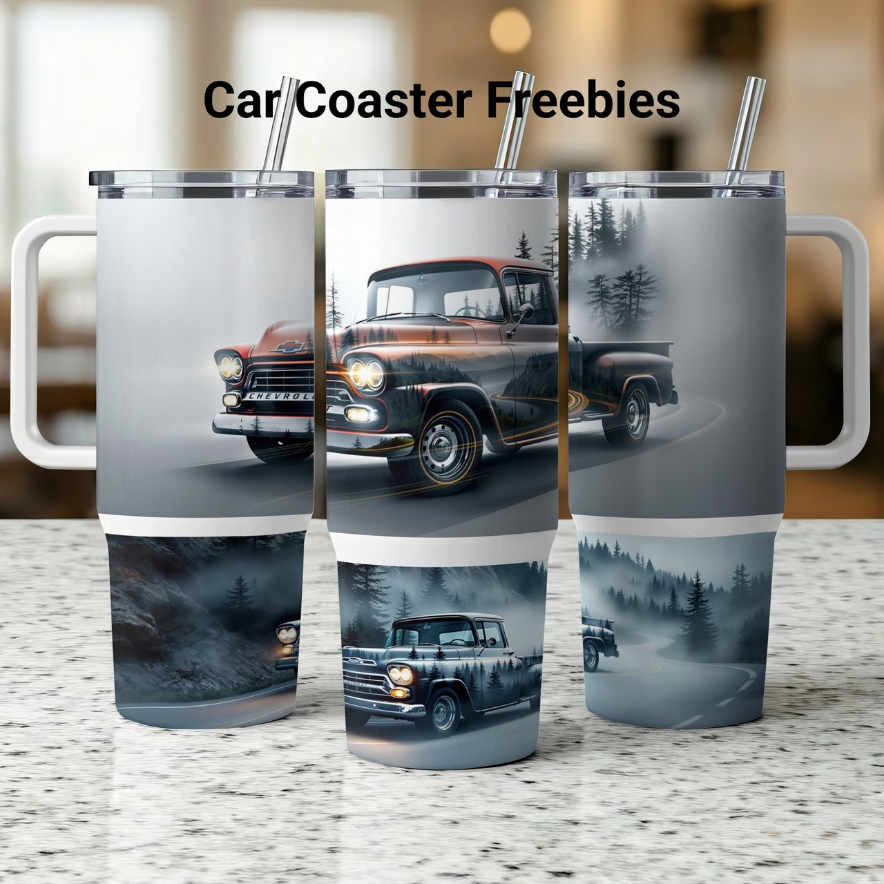 Vintage Chevrolet Truck 40oz Tumbler Wrap Digital File. Classic Car Sublimation Design for Men, Rustic Misty Forest Auto Art PNG Gift