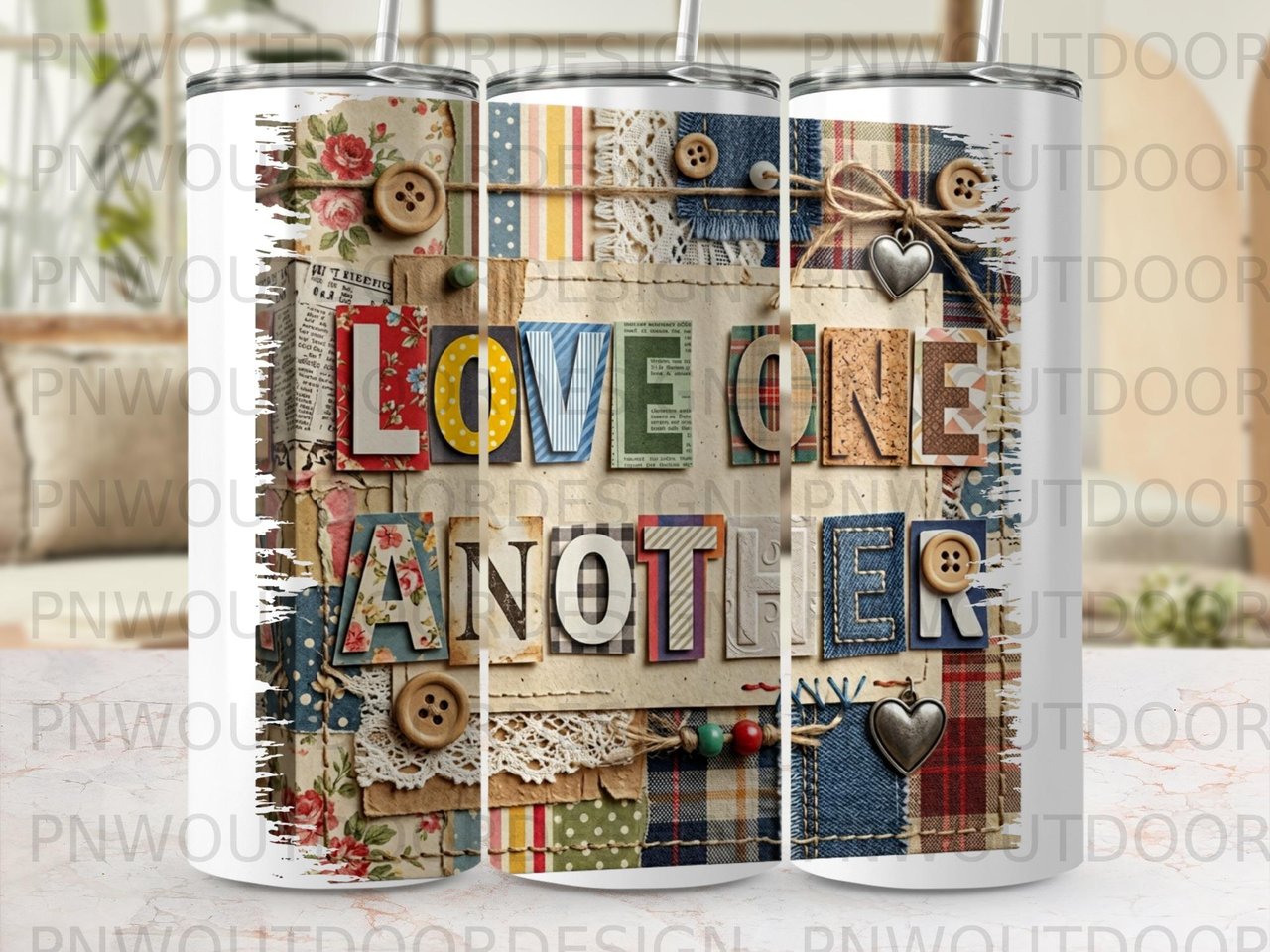 Love One Another Tumbler Wrap Digital Design, Scrapbook Collage PNG, Inspirational Rustic 20oz Sublimation Seamless Faith Quote