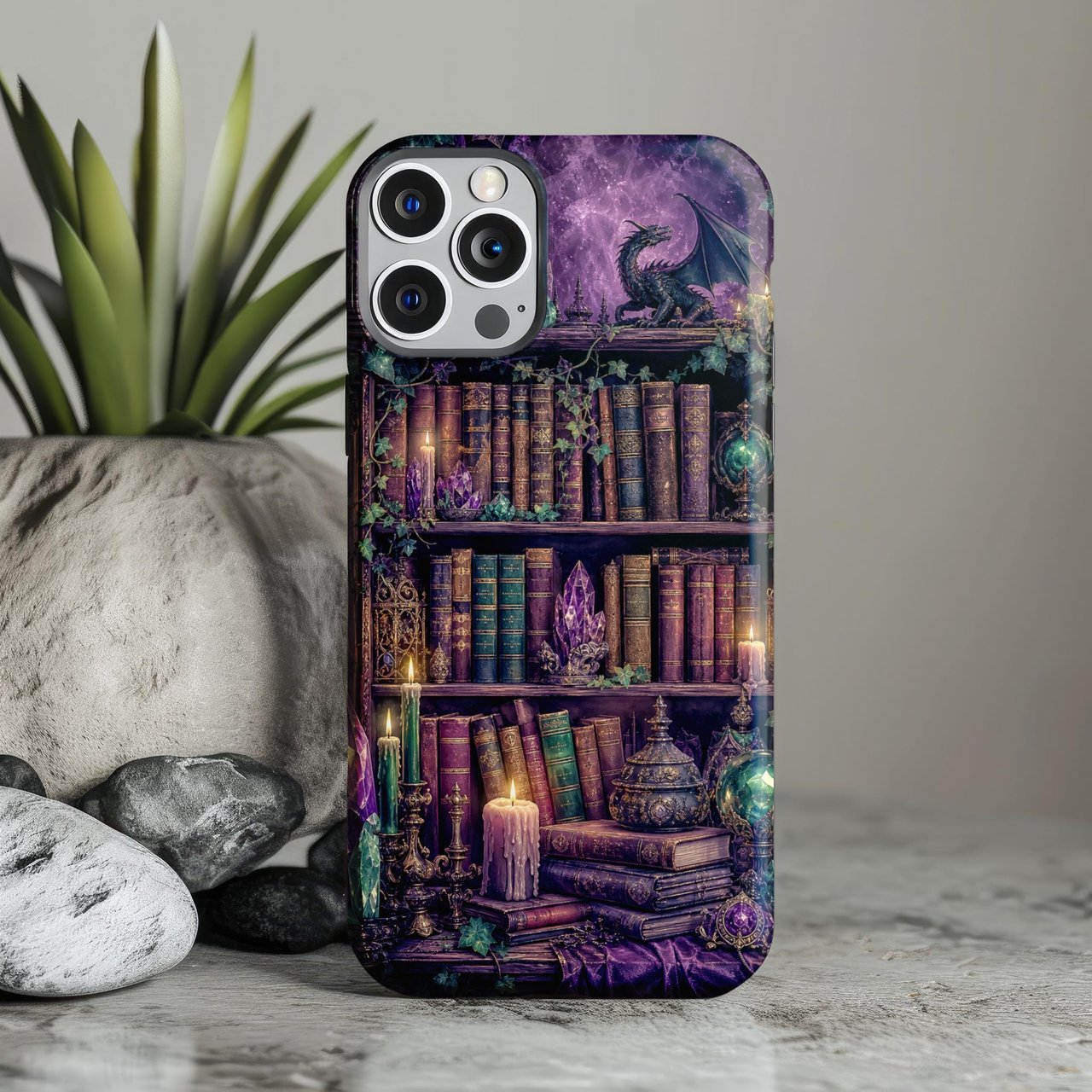 Dark Academia Bookshelf Tough Phone Case, Gothic Dragon Fantasy Book Lover Gift, Witchy Purple Crystal Aesthetic Bookish Phone Cover