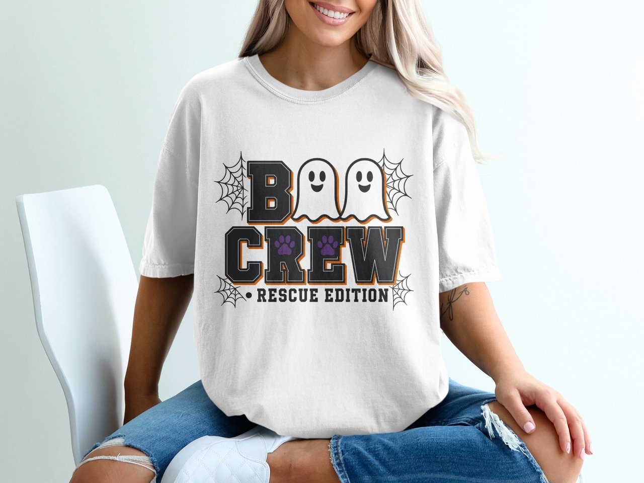 Boo Crew Rescue Edition Halloween T-Shirt | Spooky Cute Pet Lover Tee | Animal Shelter Volunteer | Adopt Don't Shop Shirt | Ghost Paw Print