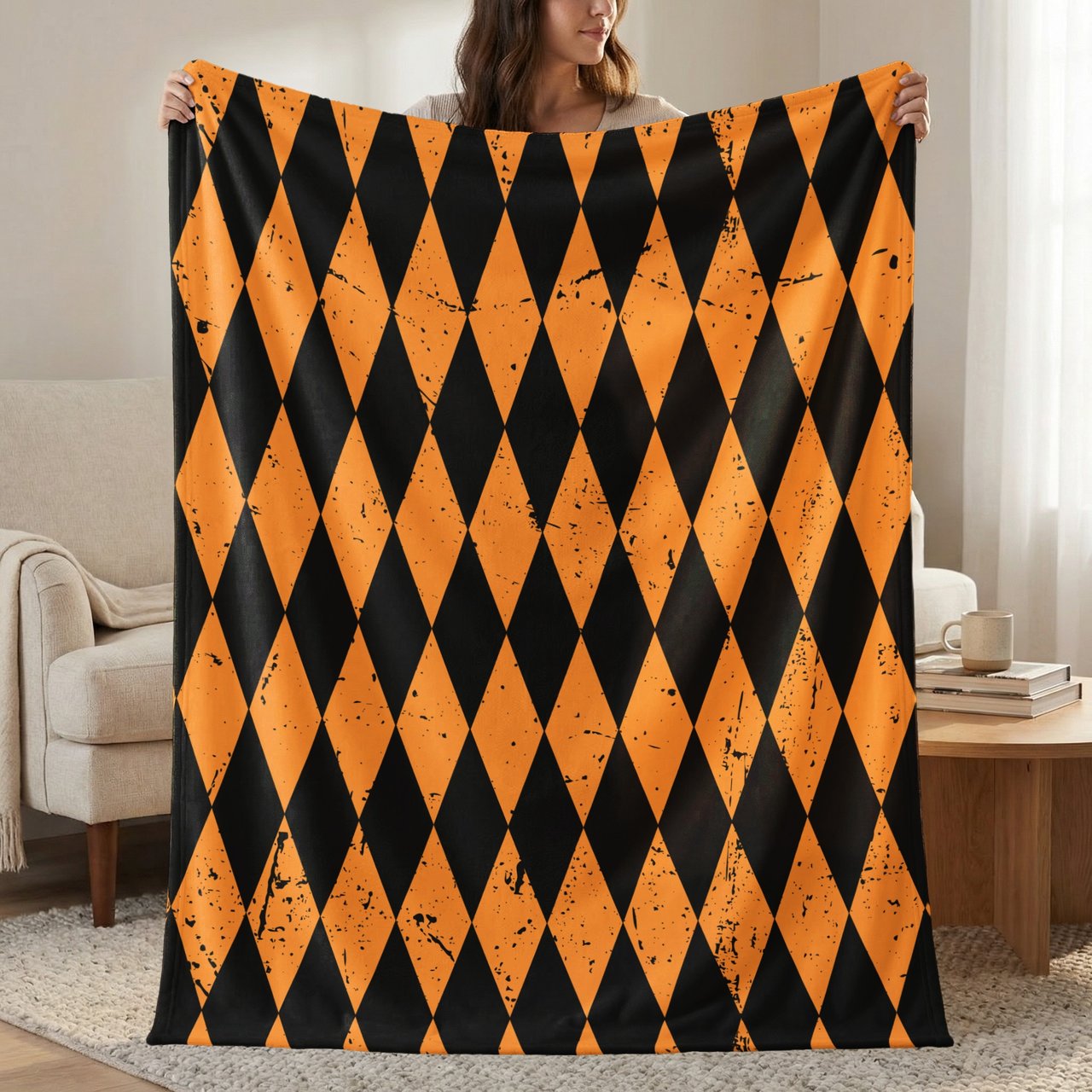 Distressed Harlequin Orange Black Diamond Woven Blanket, Grunge Halloween Velveteen Blanket, Spooky Goth Throw Pillow