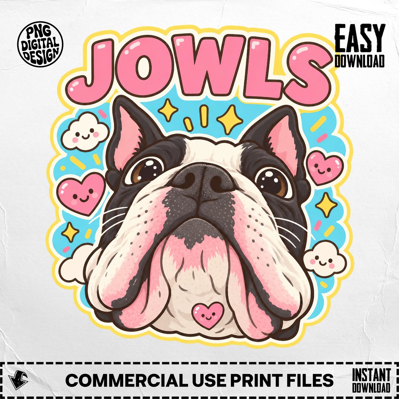 Boston Terrier Jowls T Shirt Graphic Cartoon Dog Face Illustration With Pink Lettering Artwork