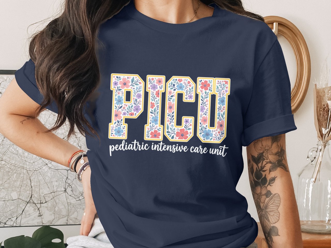 PICU Pediatric Intensive Care Unit Floral T-Shirt: Retro Nurse Design