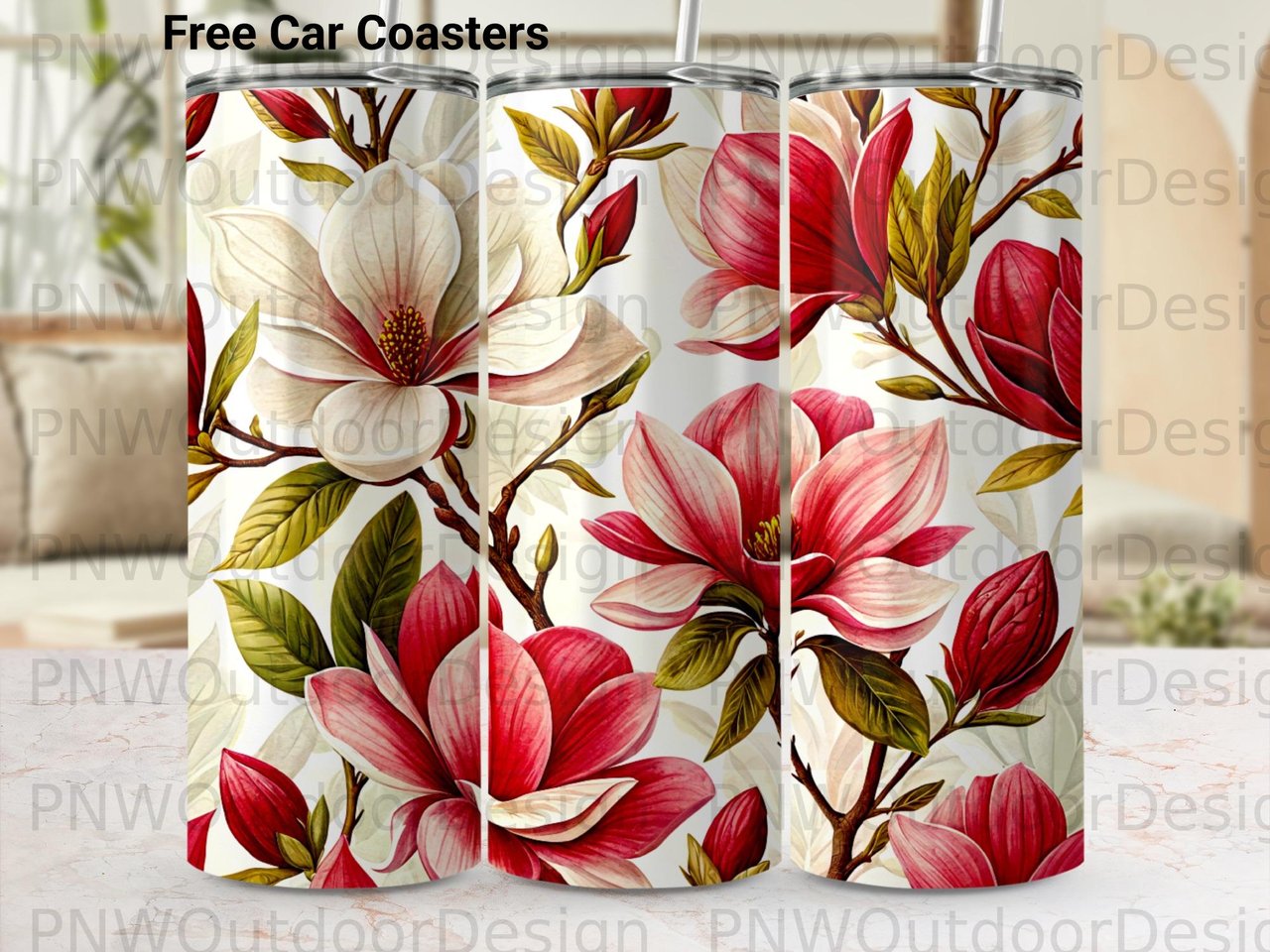 Magnolia 20oz Skinny Tumbler Sublimation PNG Seamless Tapered Digital, Floral Botanical Print Design