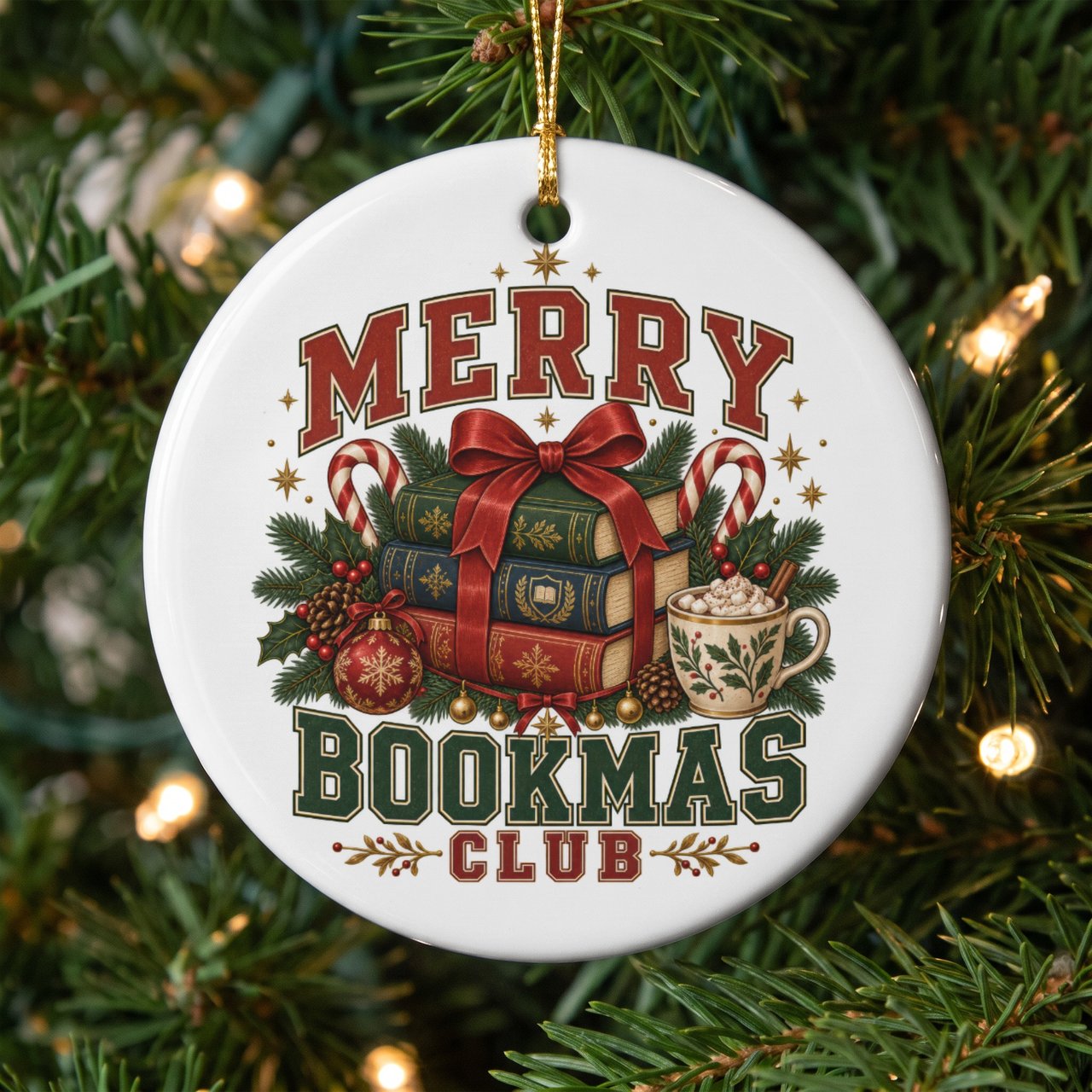 Merry Bookmas Club Ornament, Book Lover Christmas Gift, Cozy Bookish Holiday Tree Decor, Reader Gift, Cute Book Club Christmas Ornament