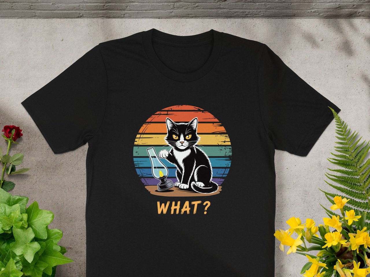 Evil Pussycat T-Shirt, Vintage Cat Tee, Funny Cat Shirt, Cat knocks over a Lamp, asks "WHAT?" Retro Cat Graphic, Cool Trendy Tee