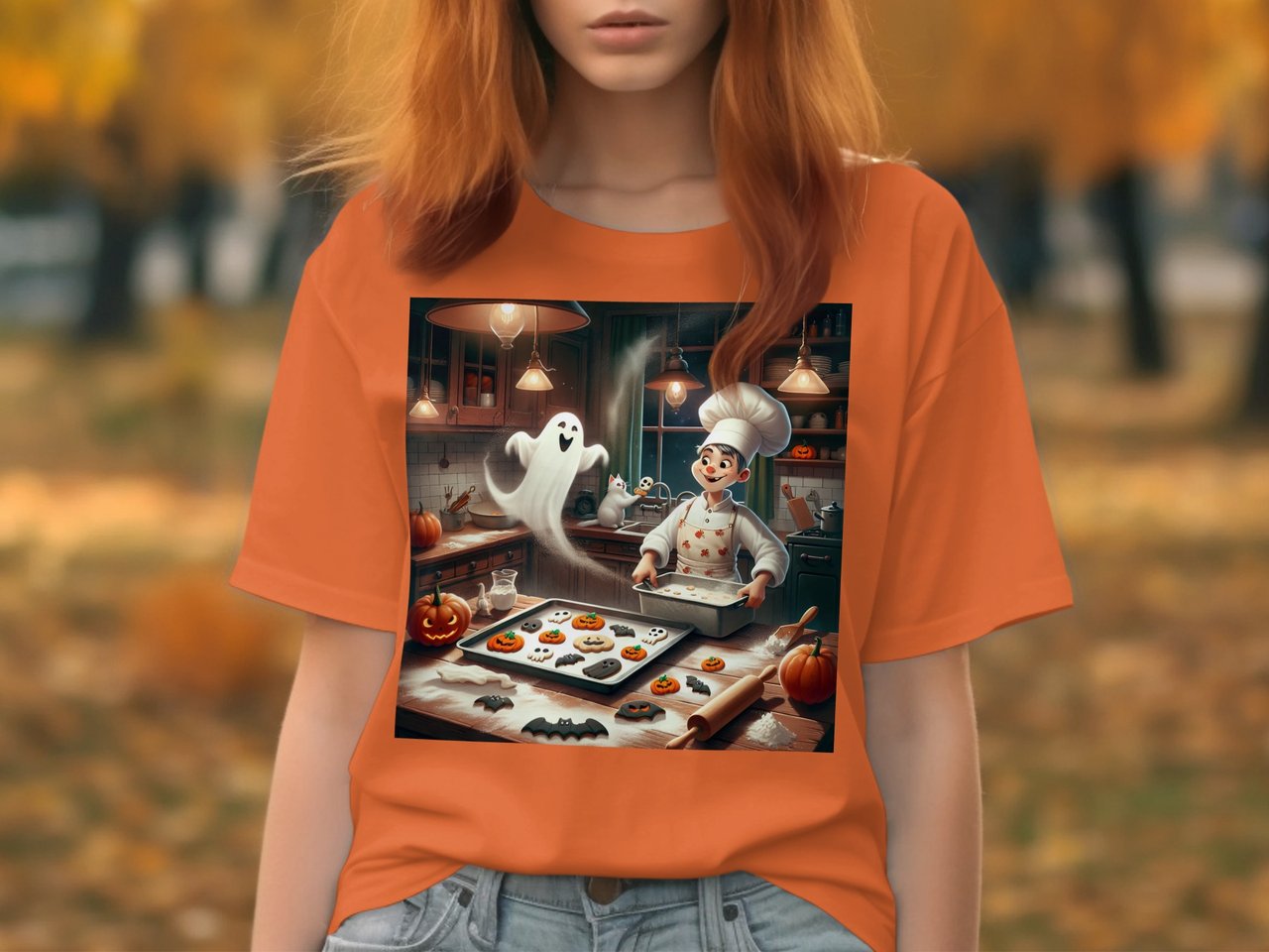 Halloween Baking T-Shirts, Spooky Season Tees, Ghost Baker Design, Cat and Cookies, Kitchen Scene Shirt, Cute Halloween Apparel