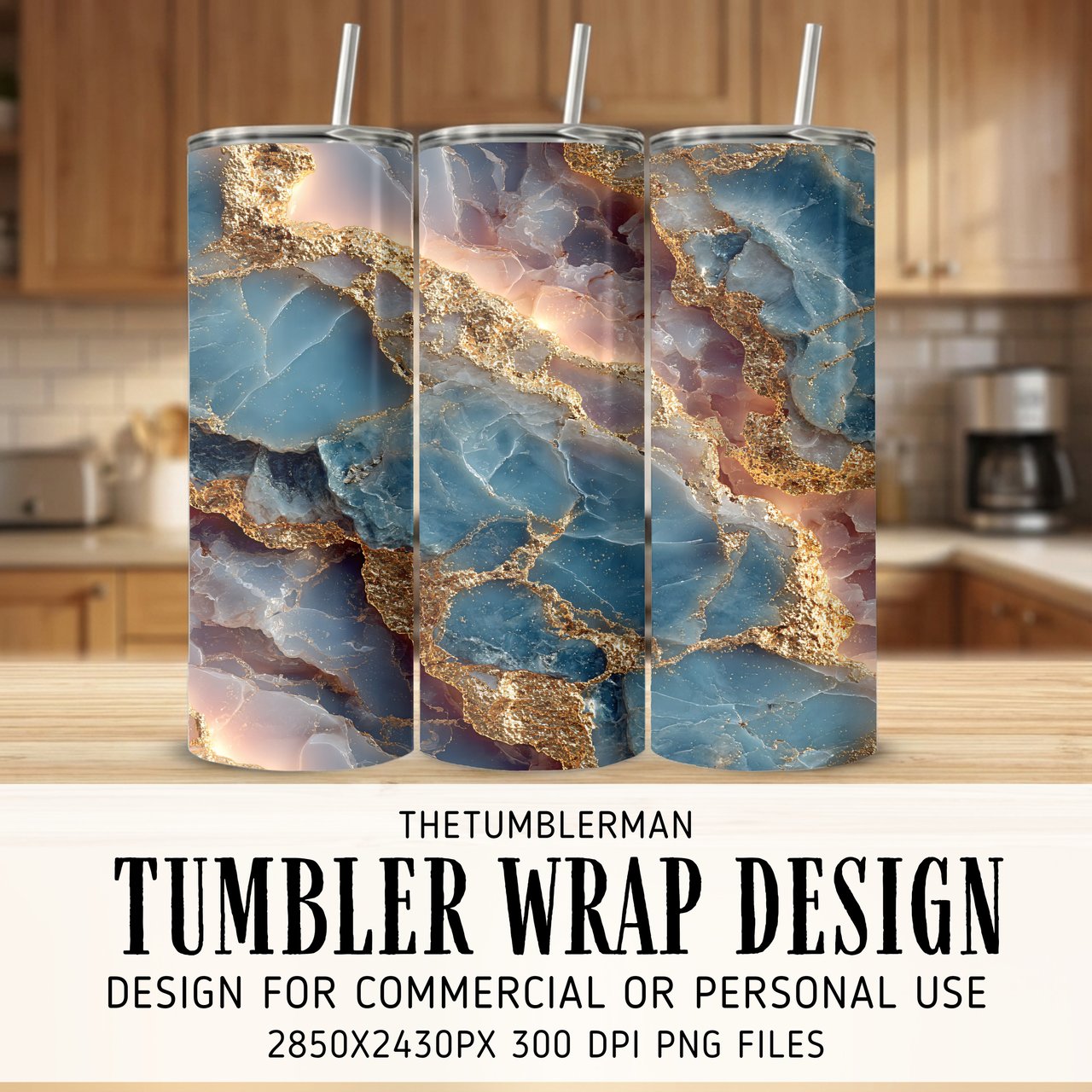 20 oz Marble Tumbler Wrap Sublimation Design, Blue Gold Agate Straight and Tapered Digital Download, Tumbler Design