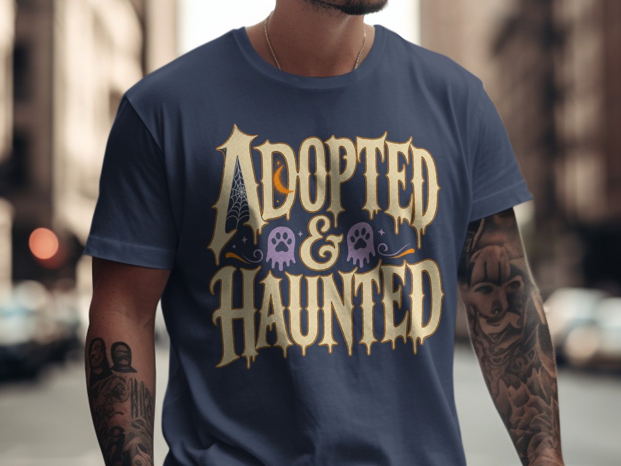 Adopted & Haunted T-Shirt | Halloween Pet Parent Tee | Spooky Cat Mom Dog Dad Shirt | Retro Ghost Paw Print