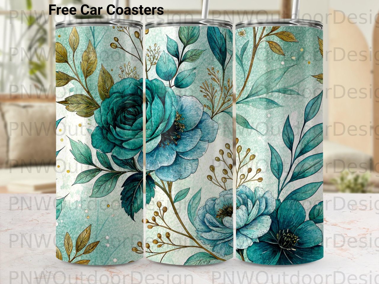 20oz Tumbler Sublimation PNG Seamless Teal Rose Floral Design, Watercolor Botanical Digital Download File, Car Coaster Included