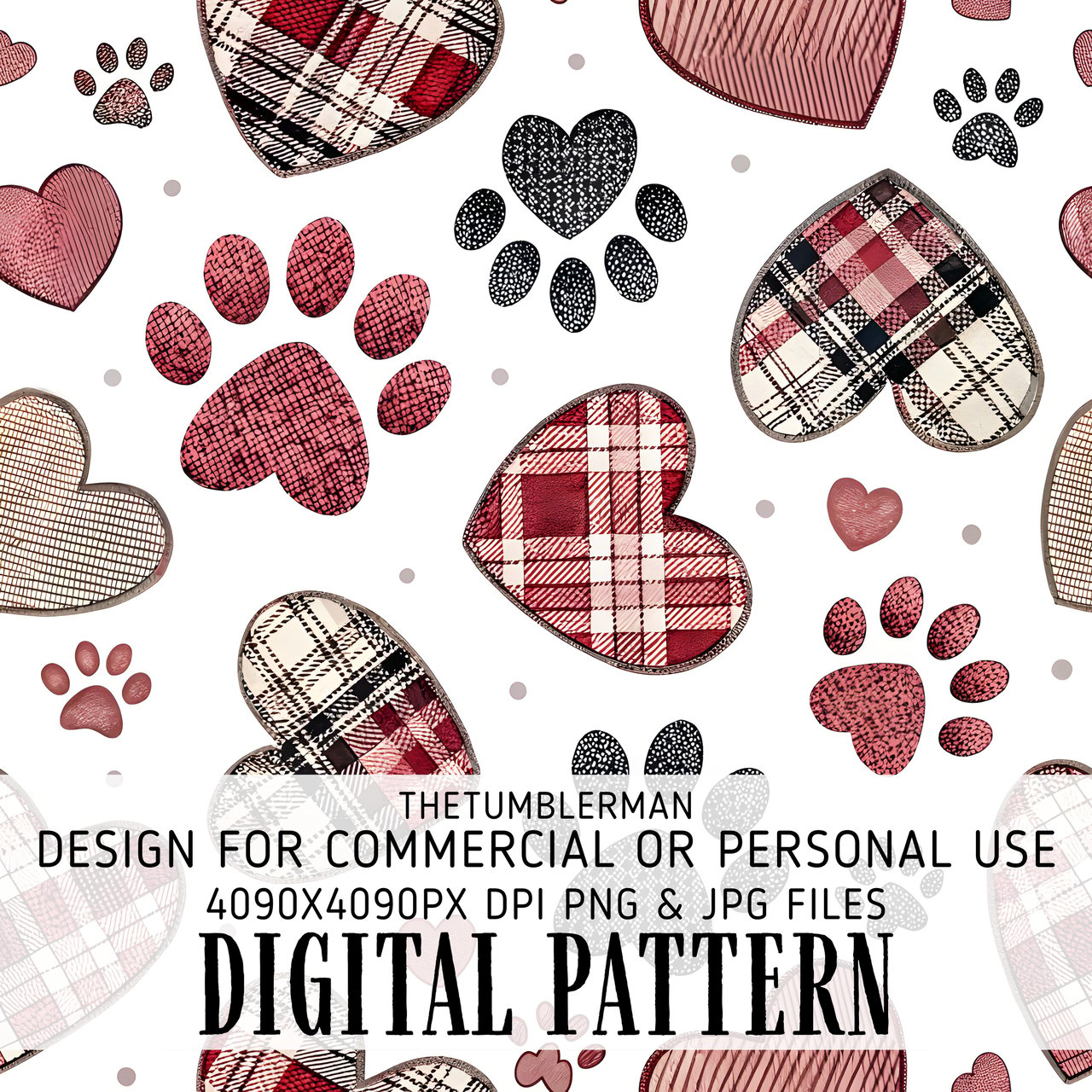 Digital Bundle Pattern, Hearts and Paw Prints, Seamless Pattern, Valentine Sublimation Design, Pet Lover, PNG, JPG, Digital Paper, Fabric