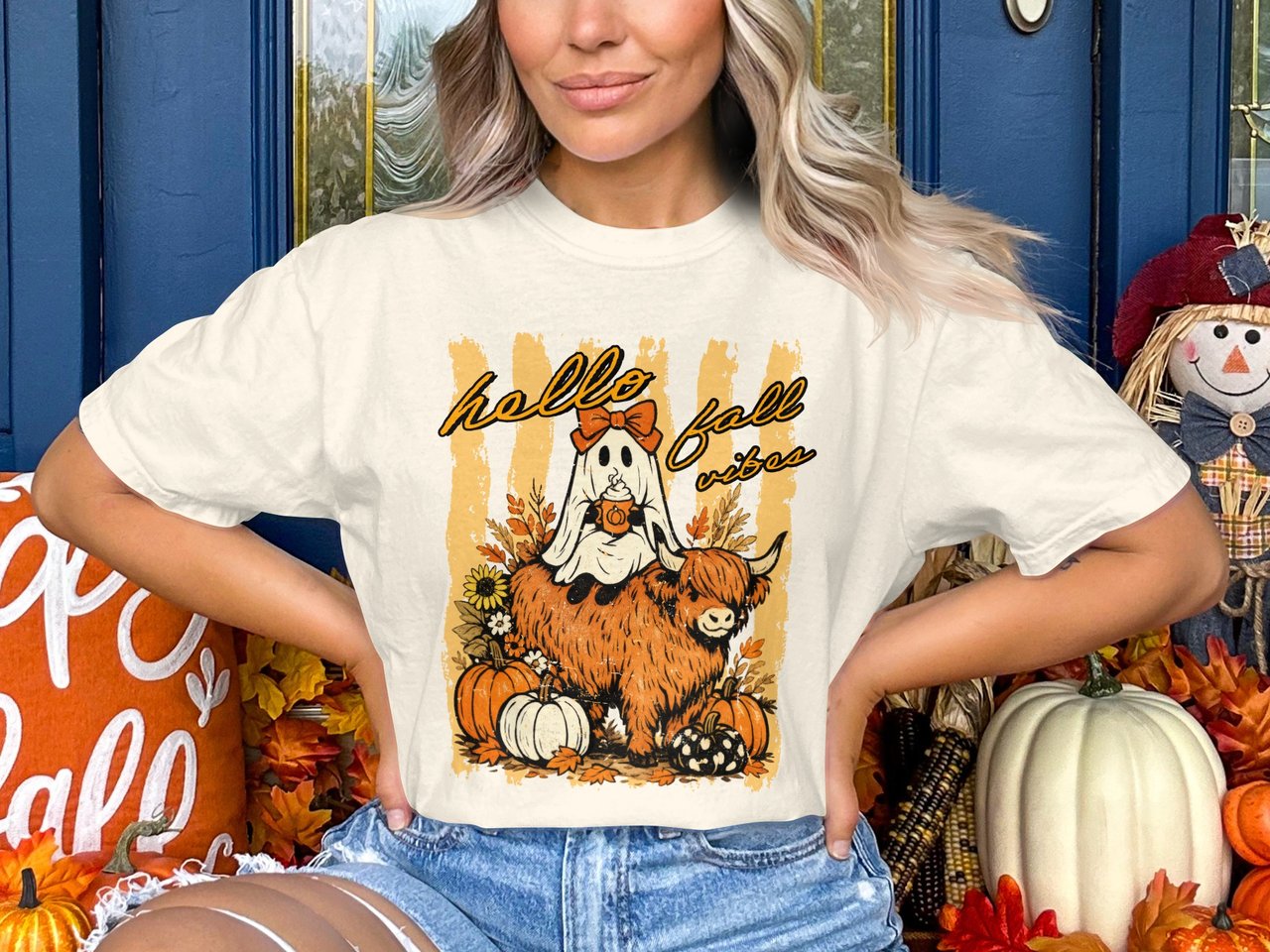 Hello Fall Vibes Ghost Highland Cow Sweatshirt, Spooky Season Pumpkin Latte Autumn Shirt, Cute Halloween Farmcore Hoodie