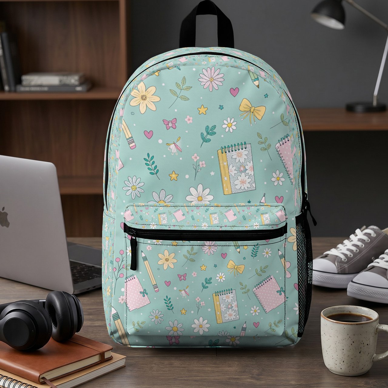 Cute Floral School Supplies Pattern Backpack, Aesthetic Teacher Student Notebook, Cottagecore Flower Print Spiral Notebook