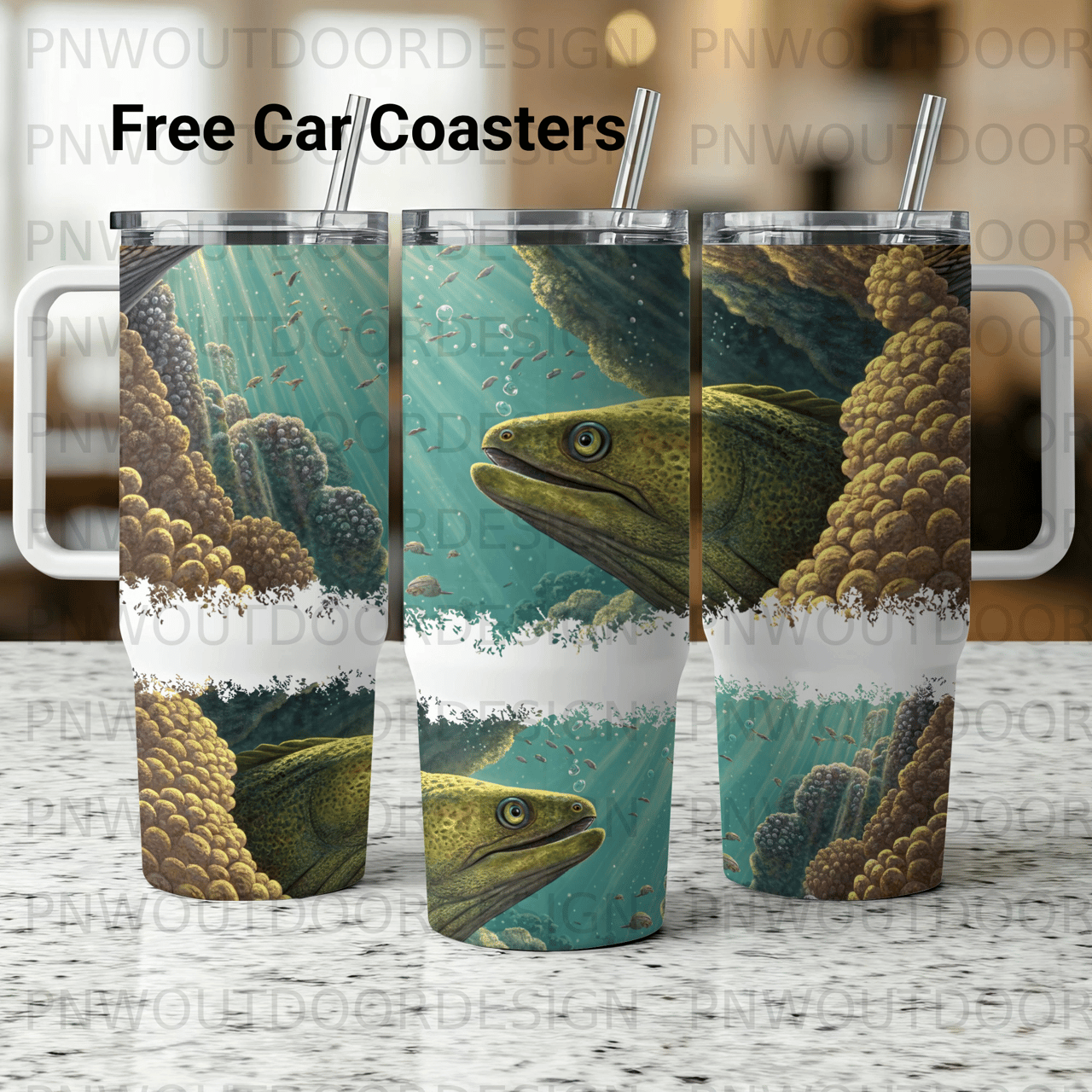 40oz Tumbler Sublimation Wrap Digital Moray Eel Ocean Scene Distressed Seamless Tapered Design + Free Car Coasters PNG