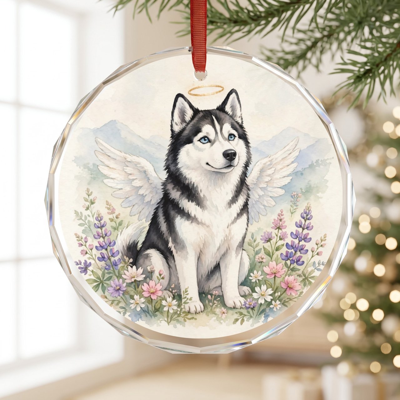 Husky Memorial Ornament — Blue Eyed Angel Dog Sympathy Gift, Personalized Pet Loss Keepsake