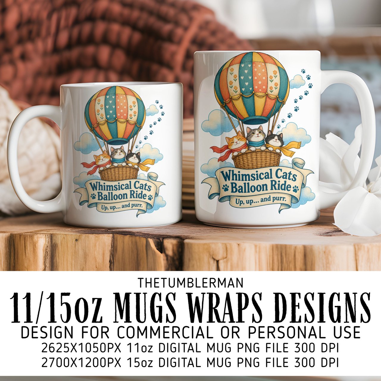 Whimsical Cats Balloon Digital Mug Wrap