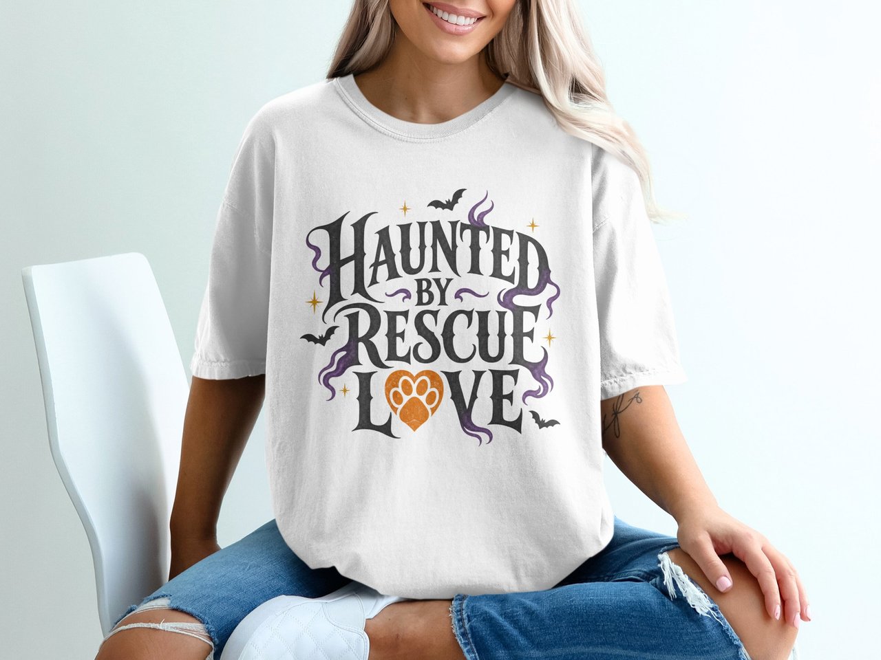 Haunted By Rescue Love T-Shirt, Spooky Pet Lover Shirt, Halloween Dog Mom Gift, Animal Rescue Tee, Gothic Cat Owner Apparel