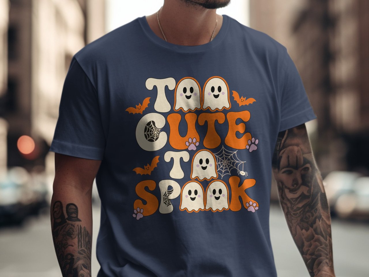 Too Cute To Spook Halloween T-Shirt | Retro Groovy Spooky Season Shirt with Ghosts, Bats, and Spiderweb