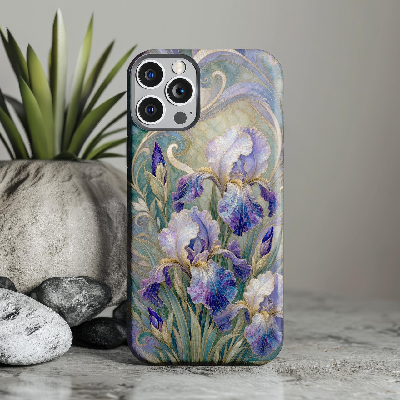 Art Nouveau Iris Tough Phone Case, Stained Glass Floral Phone Cover, Botanical Mosaic Pattern Gift for Her, Purple Flower Aesthetic Cover