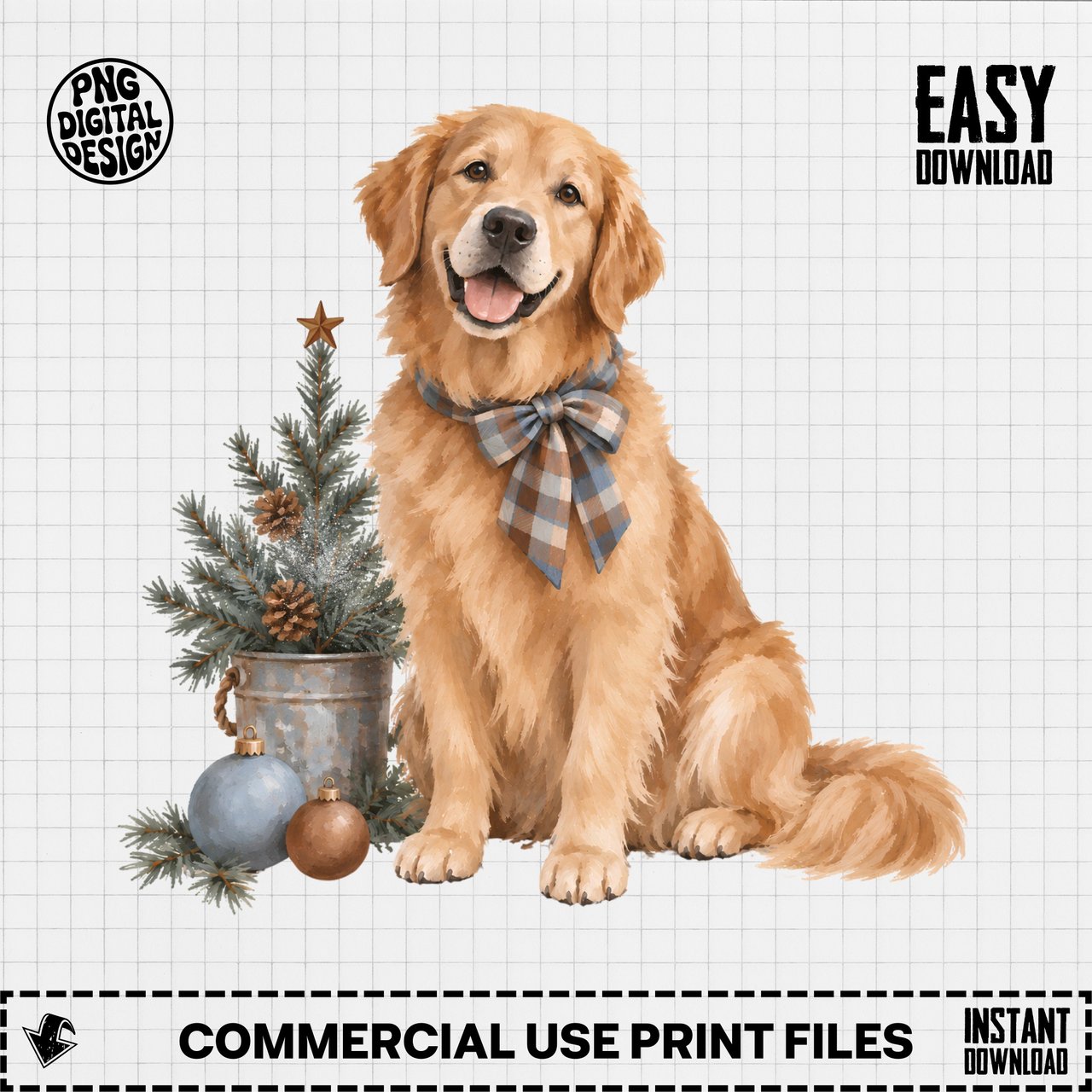 Christmas Golden Retriever PNG Clipart, Watercolor Holiday Dog Sublimation Design, Rustic Farmhouse Winter Pet Digital Download Printable