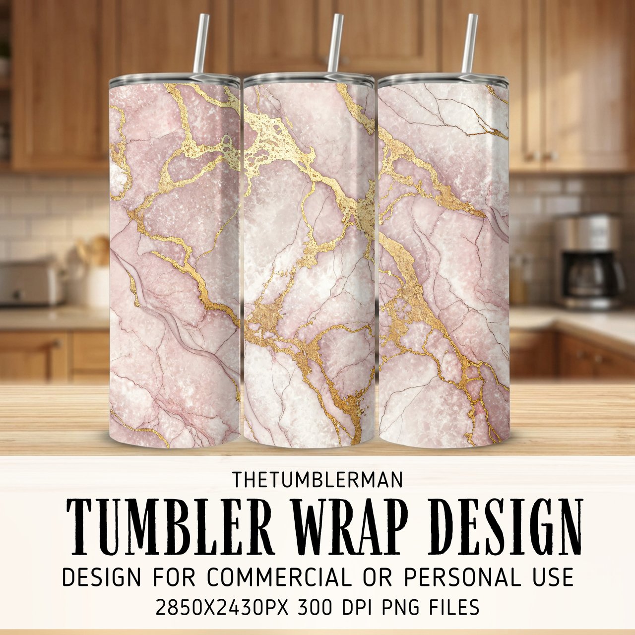 20 oz Skinny Tumbler Wrap, Pink Marble Gold Veins, Sublimation Design, Straight and Tapered, png Digital Download