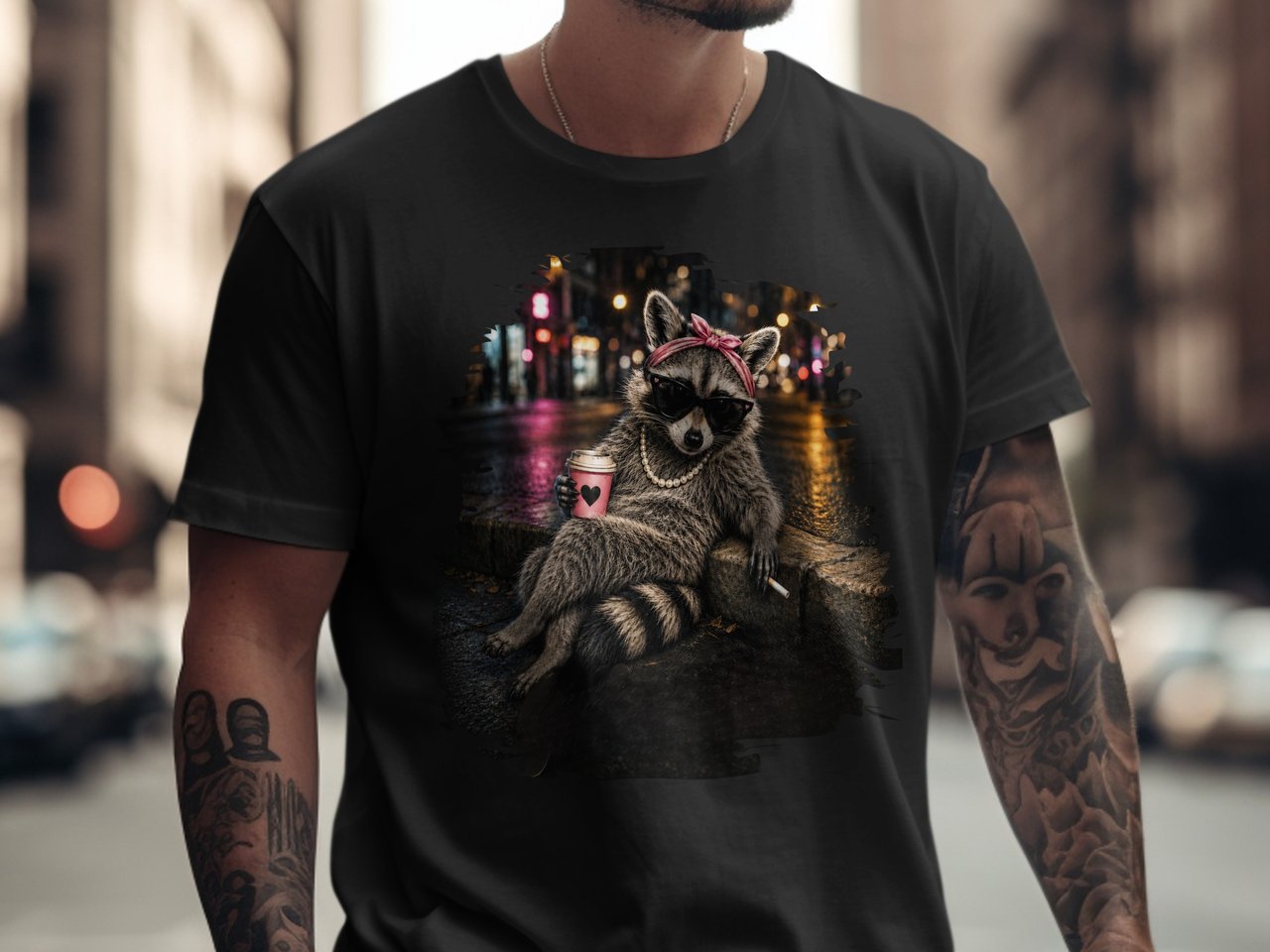 Sassy Raccoon Coffee Lover T-Shirt | Cool Street Style Animal Tee | Edgy Night City Vibe Shirt | Indie Aesthetic Grunge Wear Gift for Her