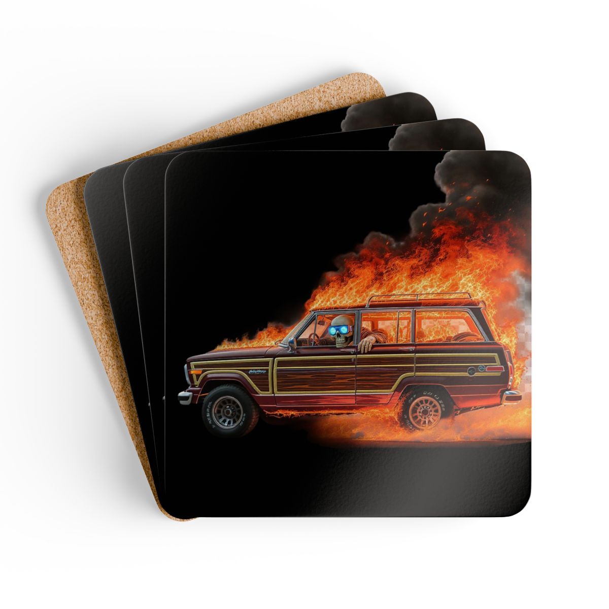 Grand Wagoneer on Fire Corkwood Coaster Set, Cool Car Coasters, Funny Coasters, Skull Decor, Waggy Car Gift, Car Lover Gift for Her