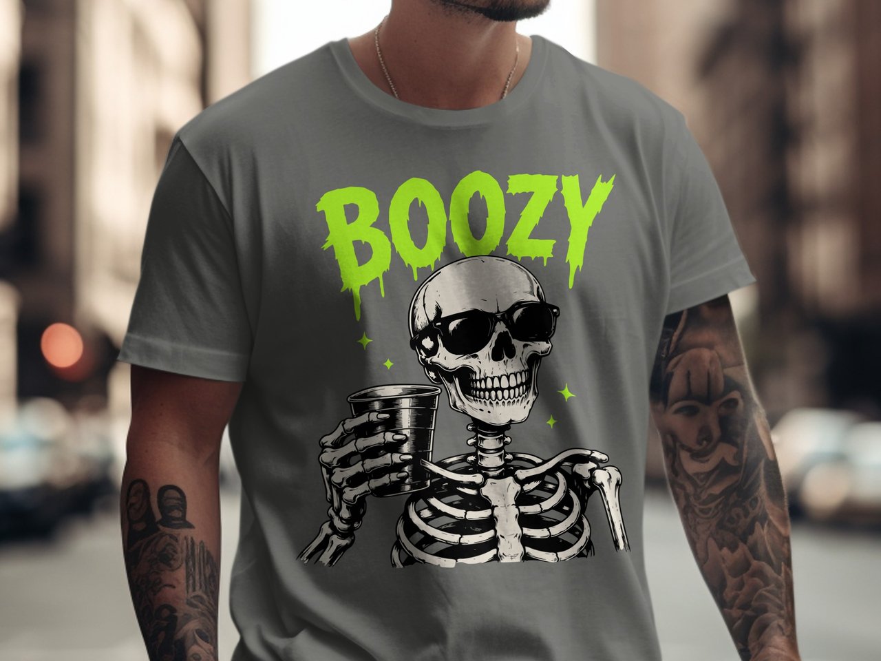 Boozy Skeleton T-Shirt Funny Halloween Drinking Tee | Spooky Party Vibes Skull Shirt | Retro Graphic Tee Gift for Him Her