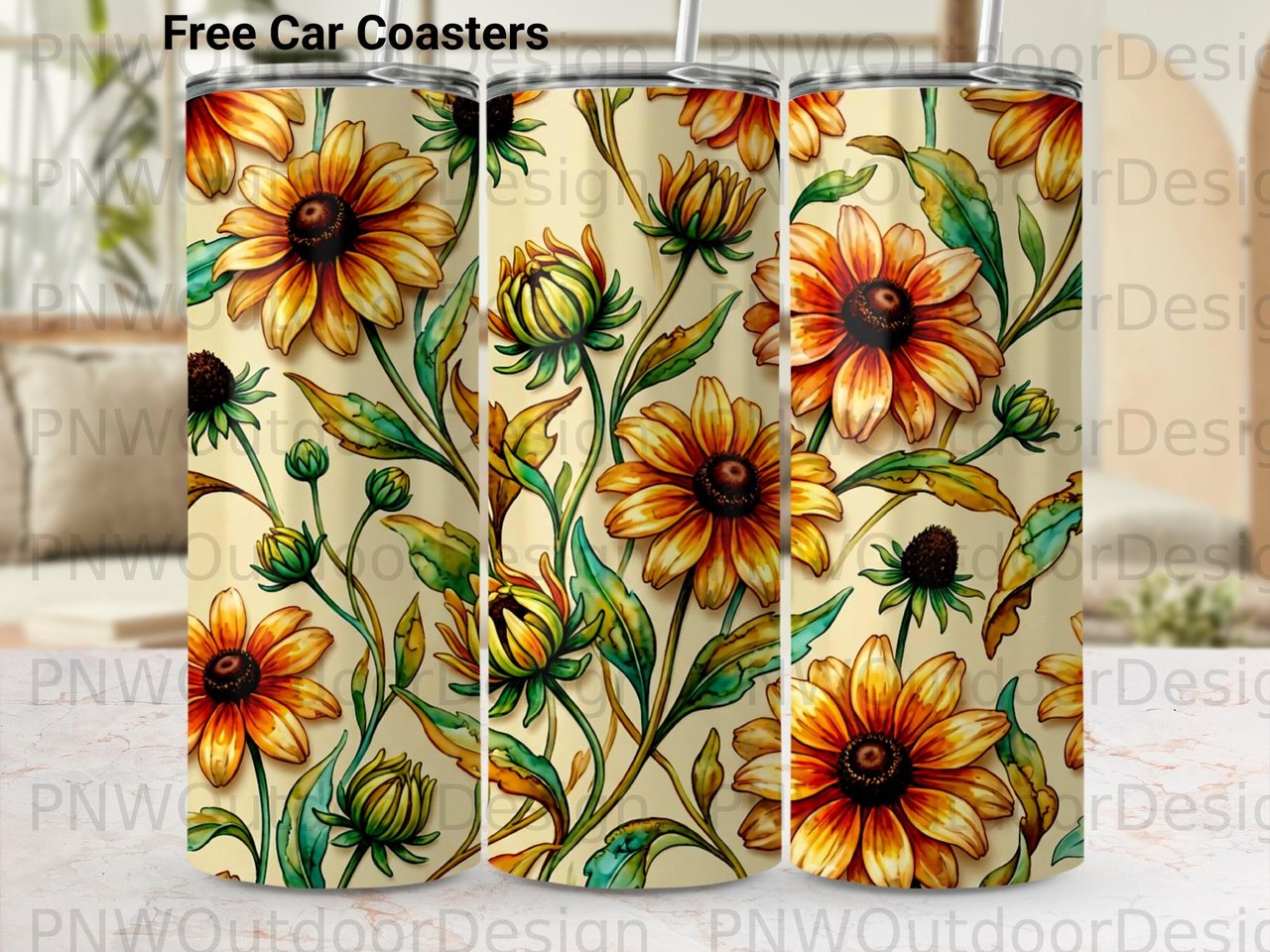 Watercolor Black Eyed Susan Tumbler Wrap PNG, Floral Fall Autumn Seamless Sublimation Design, 20oz Skinny Tumbler Digital