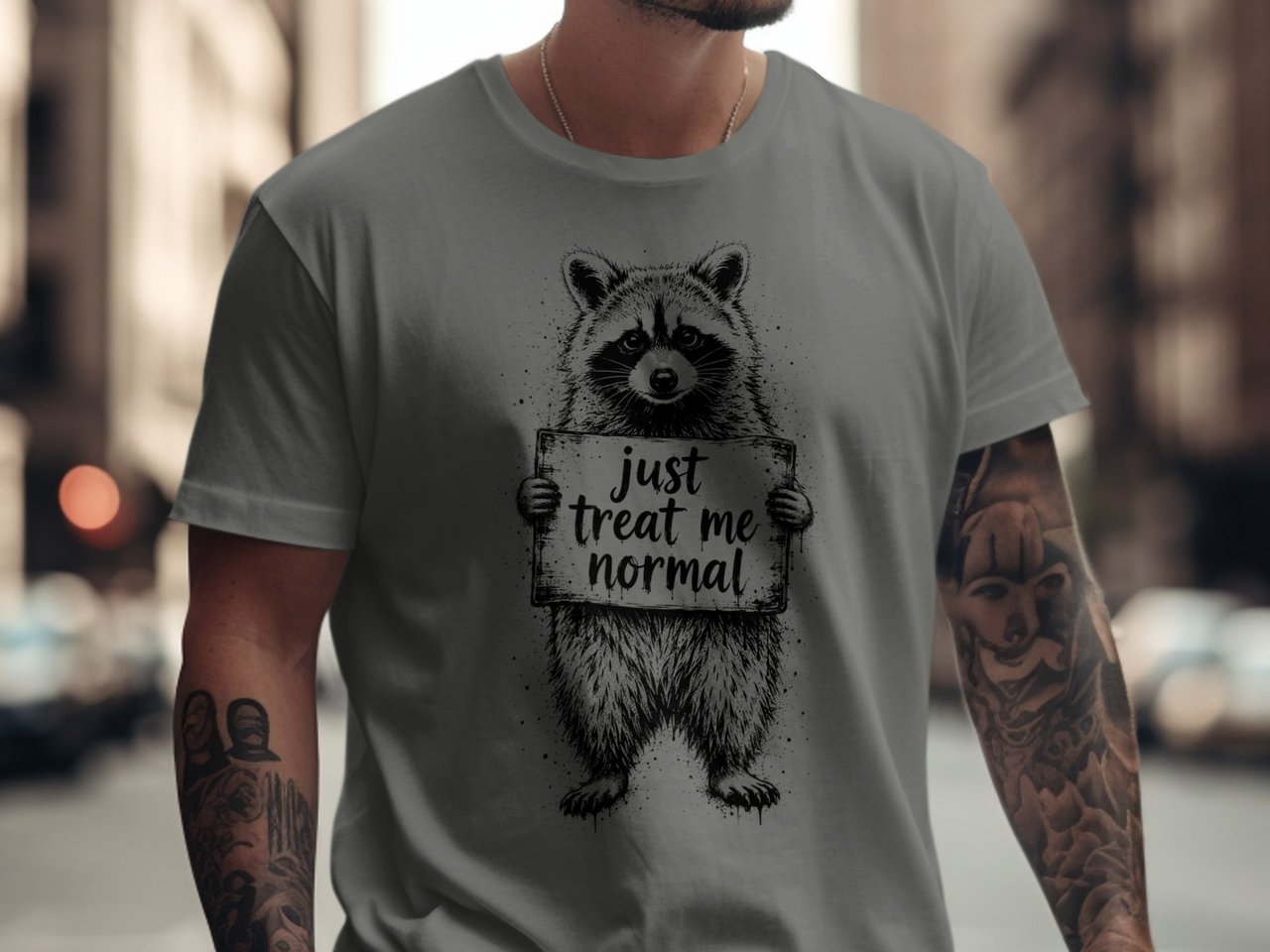 Just Treat Me Normal Raccoon T-Shirt, Funny Animal Lover Tee, Sarcastic Introvert Humor Graphic Shirt, Unique Wildlife Gift Apparel