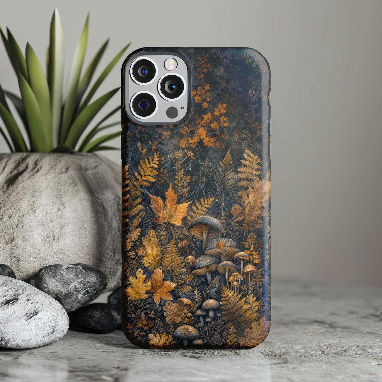 Moody Forest Mushroom Tough Phone Case, Dark Cottagecore Autumn Leaves Phone Cover, Goblincore Witchy Fall Botanical Case Gift for Nature