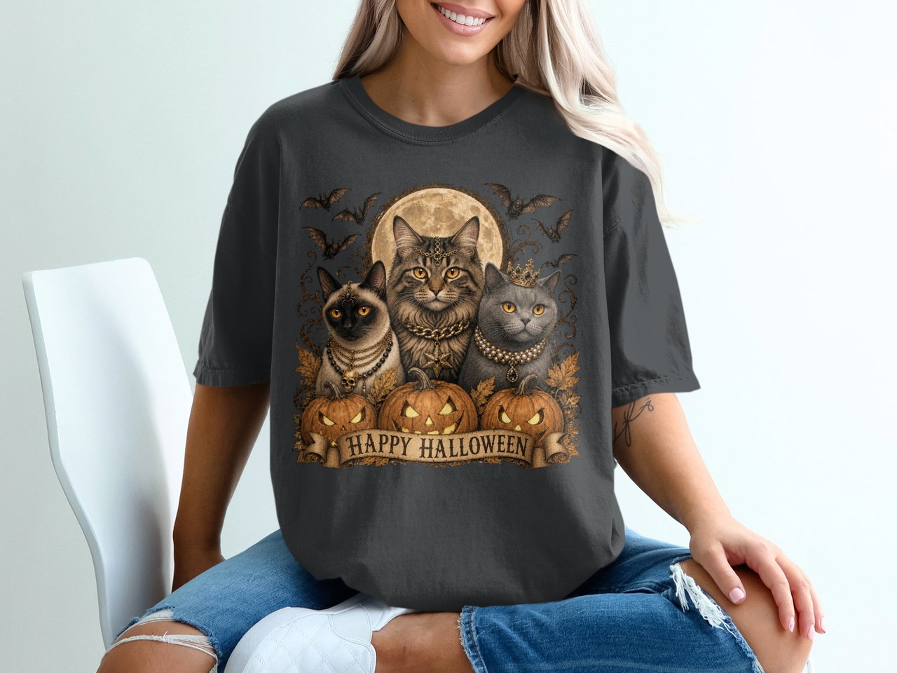 Halloween Cat T-Shirt, Spooky Feline Tee, Vintage Halloween Shirt, Gothcore Cat Apparel, Witchy Cats Design