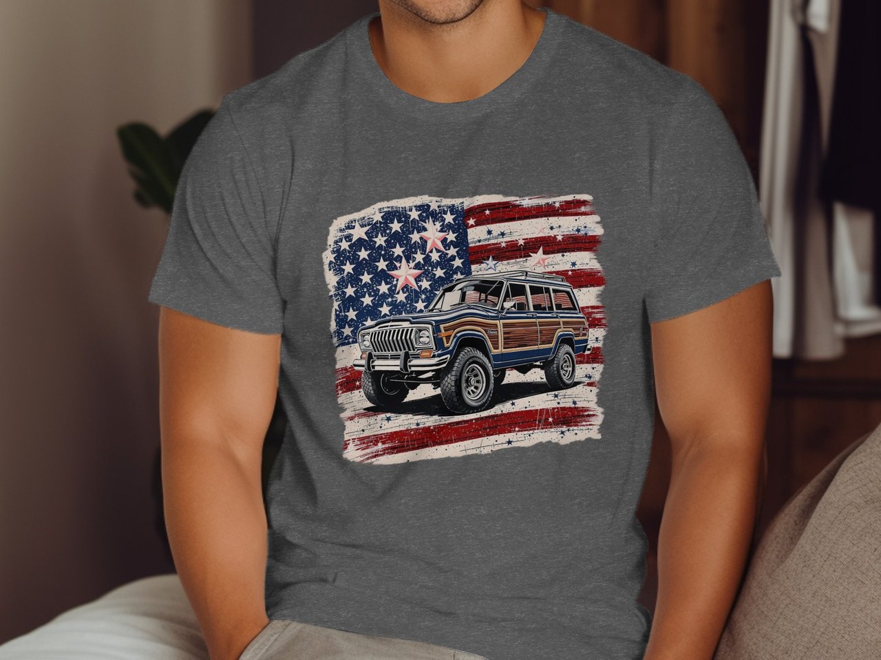 Grand Wagoneer T Shirt, American Flag Tee, Patriotic Car Shirt, 4th of July Gift, Jeep Lover Tee, Vintage Car Tee, SUV Car Tee