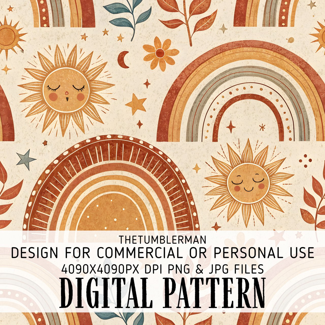 Digital Pattern Bundle, Boho Rainbows, Sun Stars Moon, Seamless Repeat Pattern, Neutral Tones, Digital Paper, Scrapbooking, Commercial Use