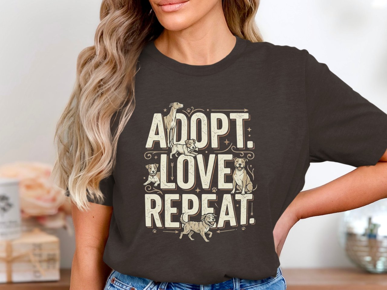 Adopt Love Repeat Dogs T-Shirt | Rescue Dog Mom Gift | Cute Puppy Lover Tee | Animal Shelter Support Shirt