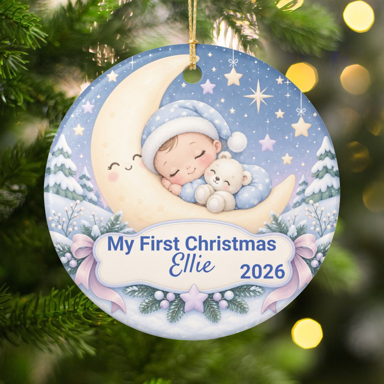 Baby First Christmas Ornament, Custom Name Sleeping Baby on Moon Holiday Keepsake, Personalized New Baby Ornaments for Tree, Newborn Gift