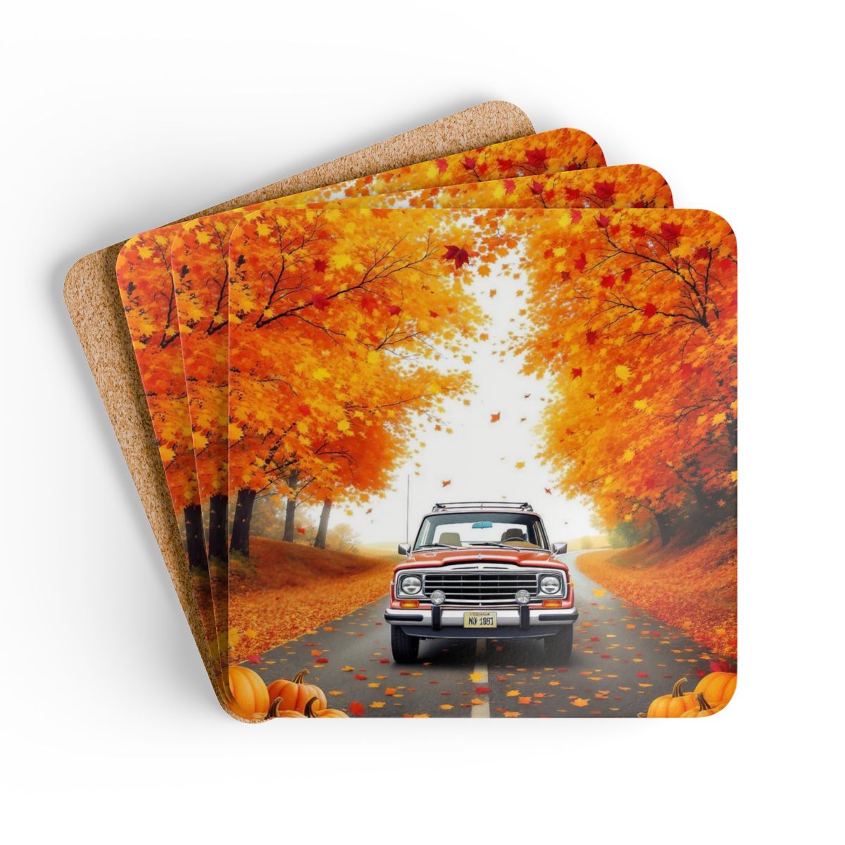 Grand Wagoneer Autumn Drive Corkwood Coaster Set, Fall Vibes, The Waggy, Car Lover Gift, USA Made