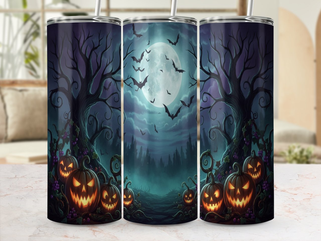 Spooky Halloween Tumbler Wrap Digital Design, Full Moon Pumpkins Bats Scary Trees 20oz Skinny Straight Tumbler PNG