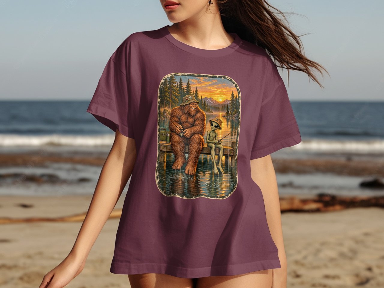 Bigfoot and Alien Fishing Tee