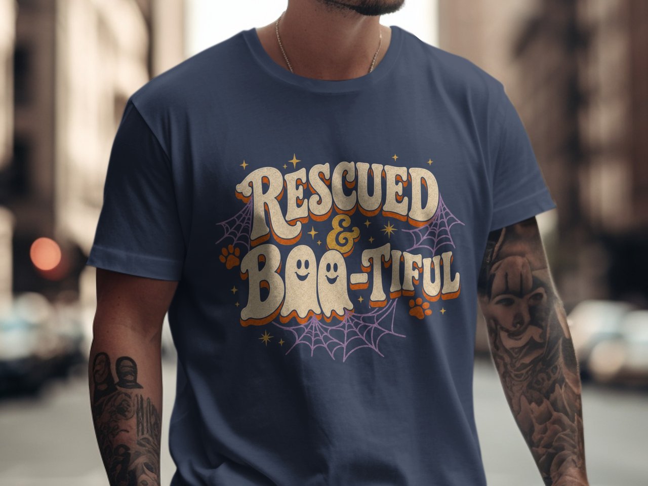 Rescued & Boo-tiful Halloween T-Shirt | Retro Spooky Pet Lover Tee | Dog Cat Mom Ghost Fall Shirt | Animal Rescue Gift