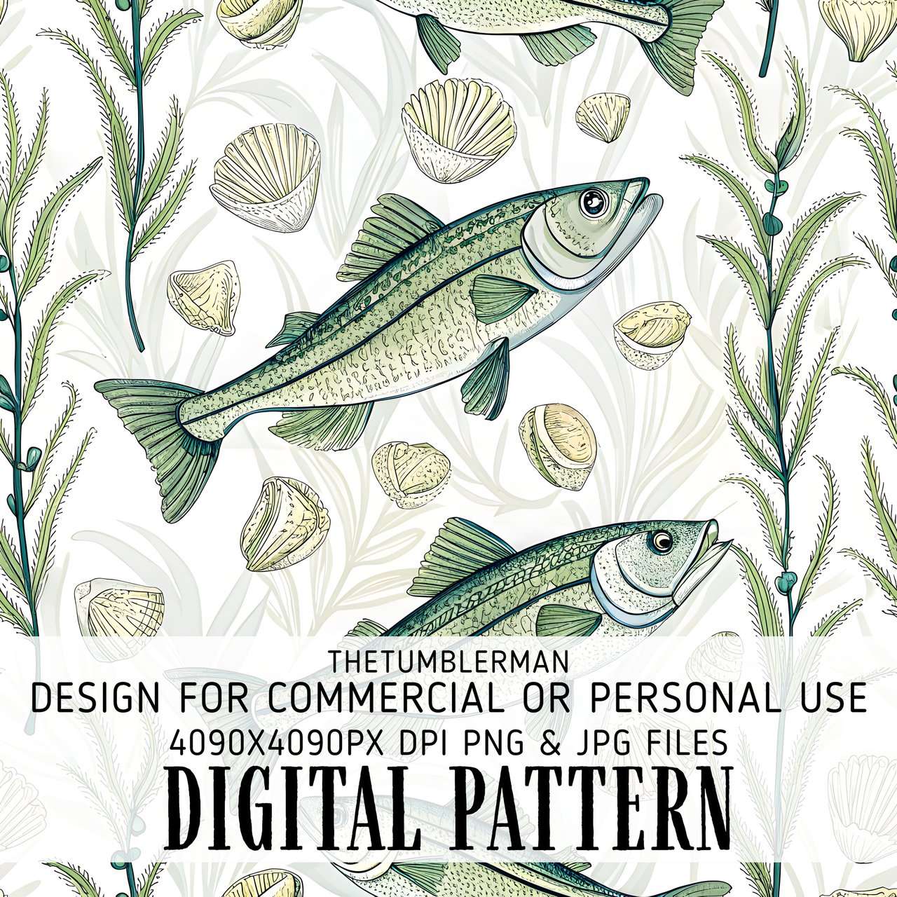 Fish Pattern Digital, Sea Shells Pattern Digital Bundle, Nautical Pattern Design, Sea Life Illustration, PNG JPG Files, Commercial Use